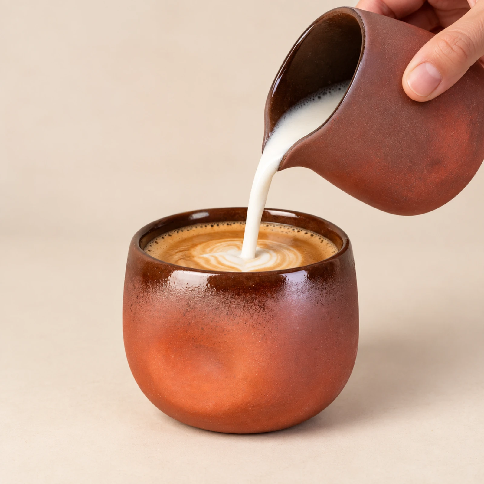 Edith dark terracotta mug filled with coffee in warm afternoon light