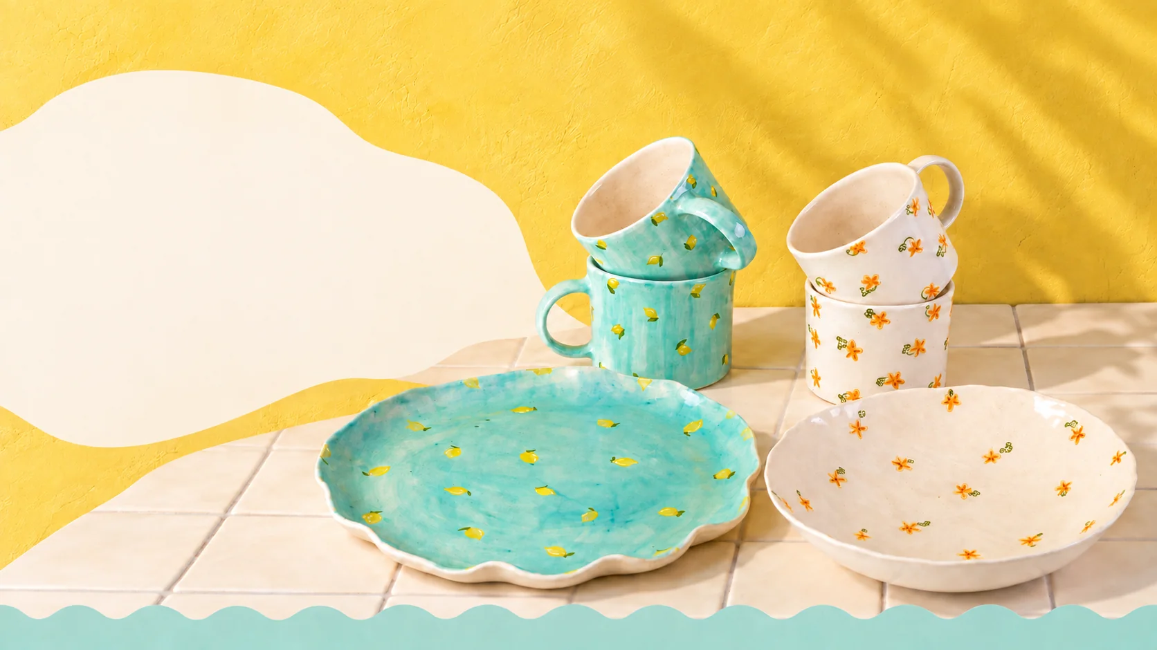 Lemon and flower painted ceramic mugs and serving bowls from The Sunlit Table collection