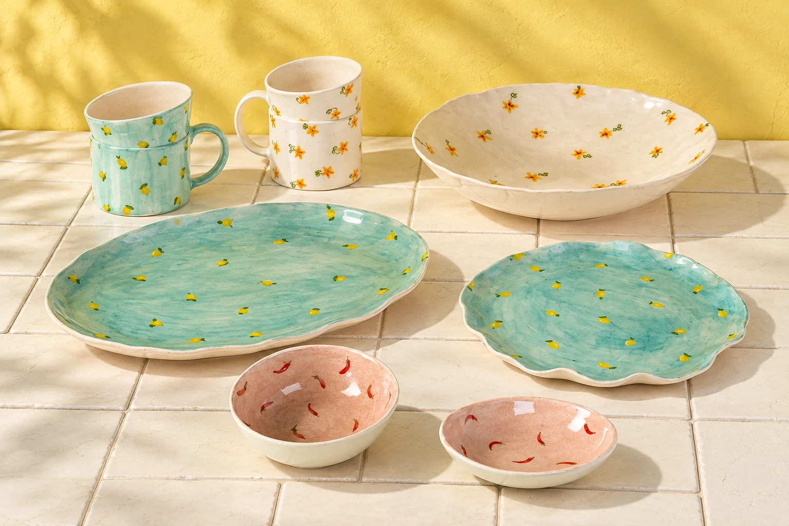 The Sunlit Table: Dolly mugs, lemon Flutter platter and plate, a nasturtium Fallon bowl and two little chilli bowls