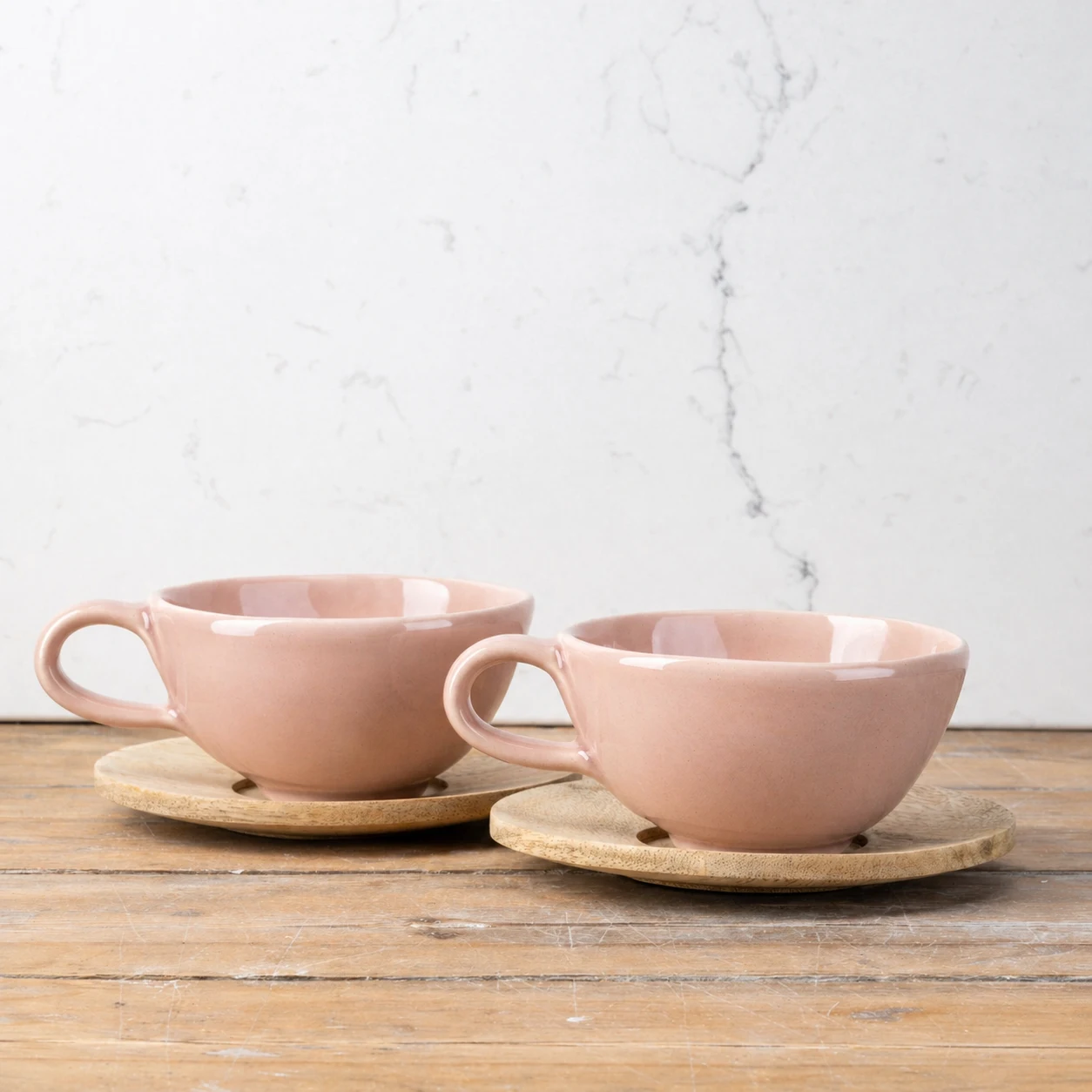 2 Blush Wonky mugs with wooden saucers