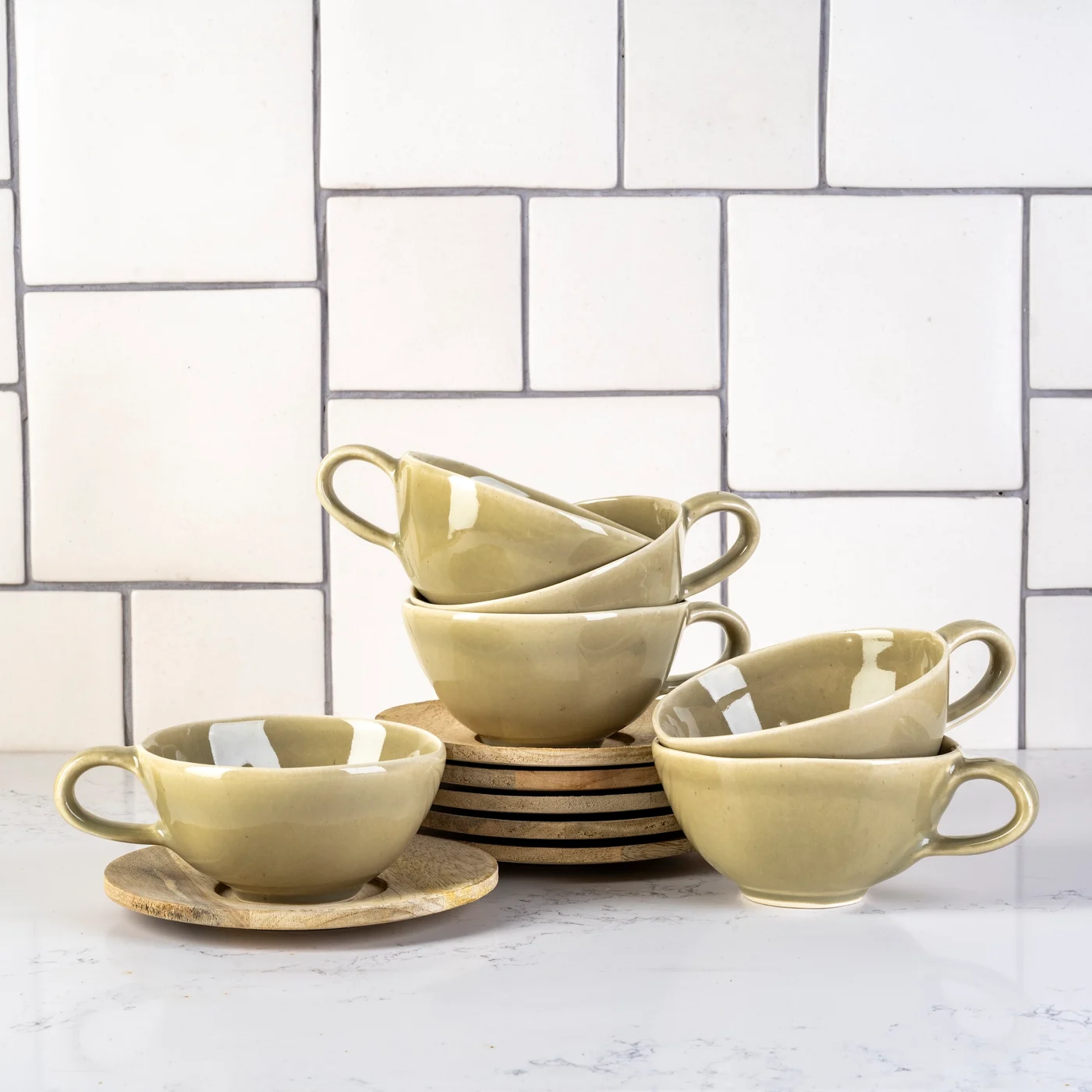 6 Forest Wonky mugs with wooden saucers