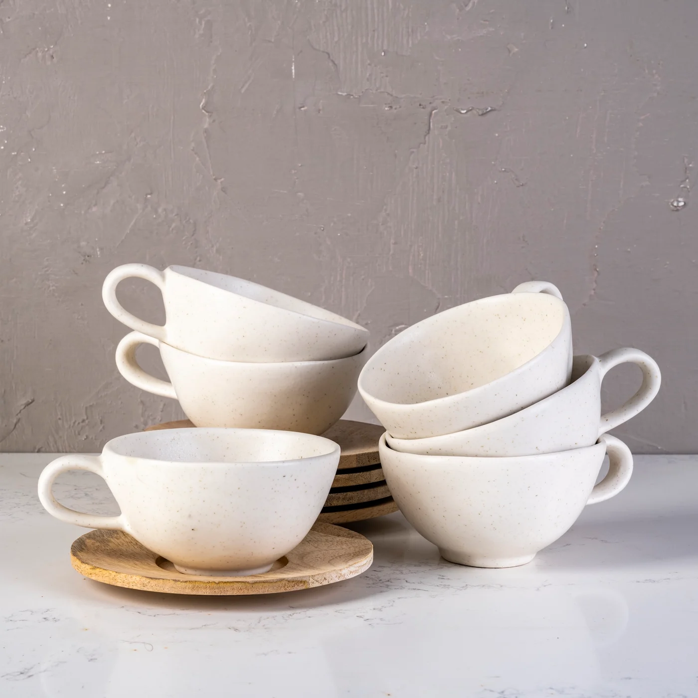 6 Toasted cream Wonky mugs with wooden saucers