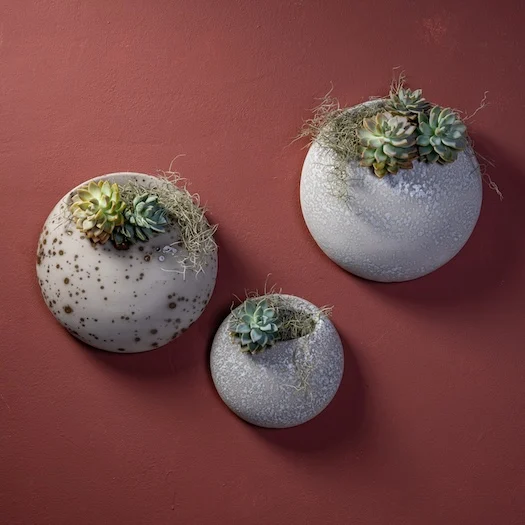 Round wall planters shown together in Aged Stone and Lichen White finishes