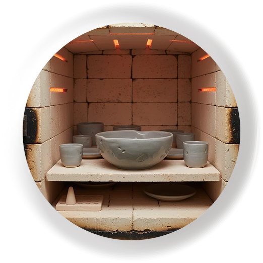 Ceramic bowls and cups inside a glowing kiln