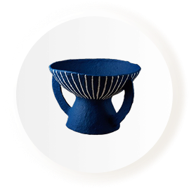 Blue ceramic bowl with loop handles