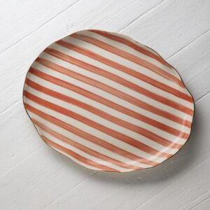 Small Bright Red Stripe Flutter Oval Platter with Gold Rim