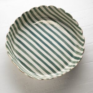 Bella Teal Stripe Scallop Salad Bowl with Gold Rim