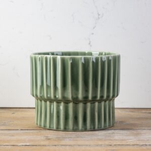 Green ceramic planter with ribbed cog finish, handmade by Pret-a-pot